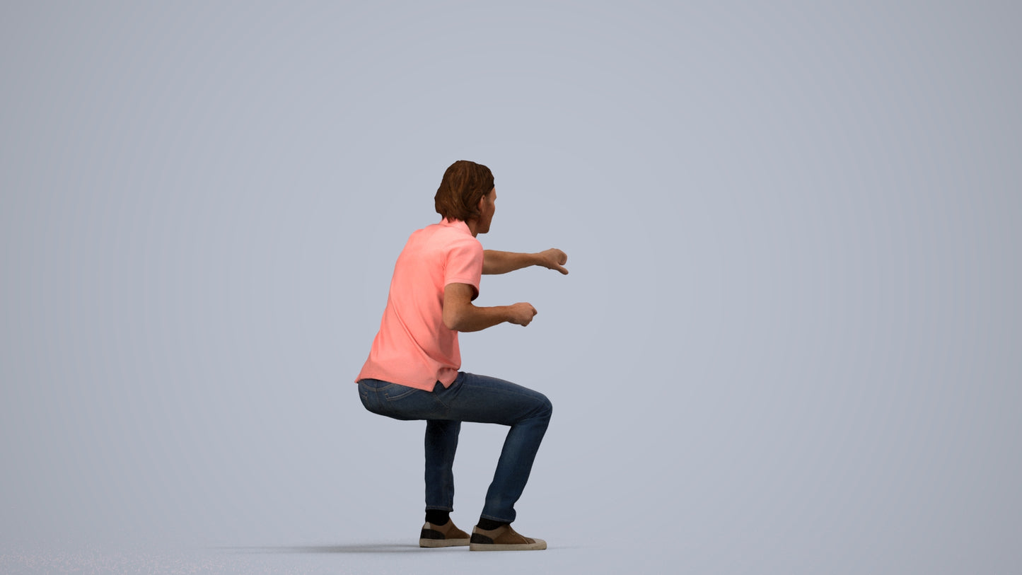 realistic 3D man casual sitting, scanned archviz people for Blender and 3ds Max, side view render