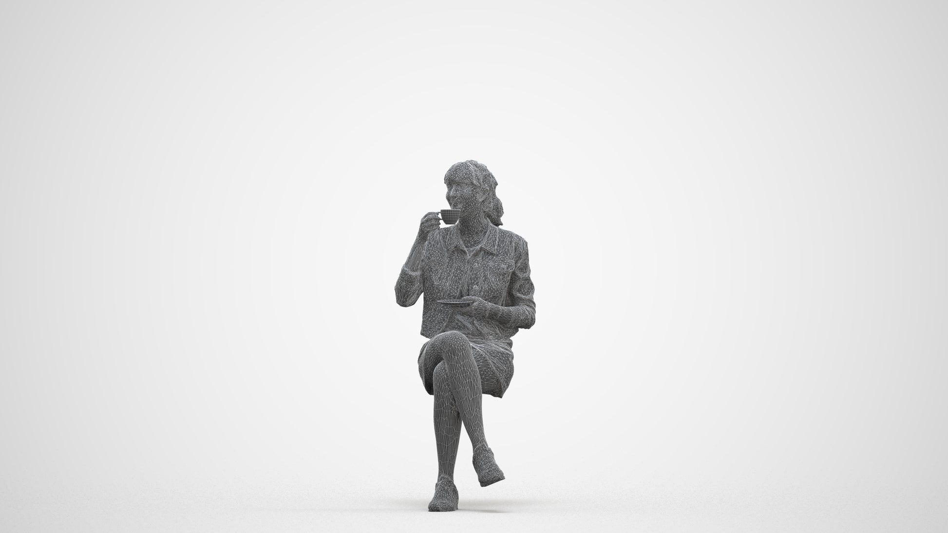3D people model woman casual sitting, scanned human for 3ds Max rendering, three-quarter front view render