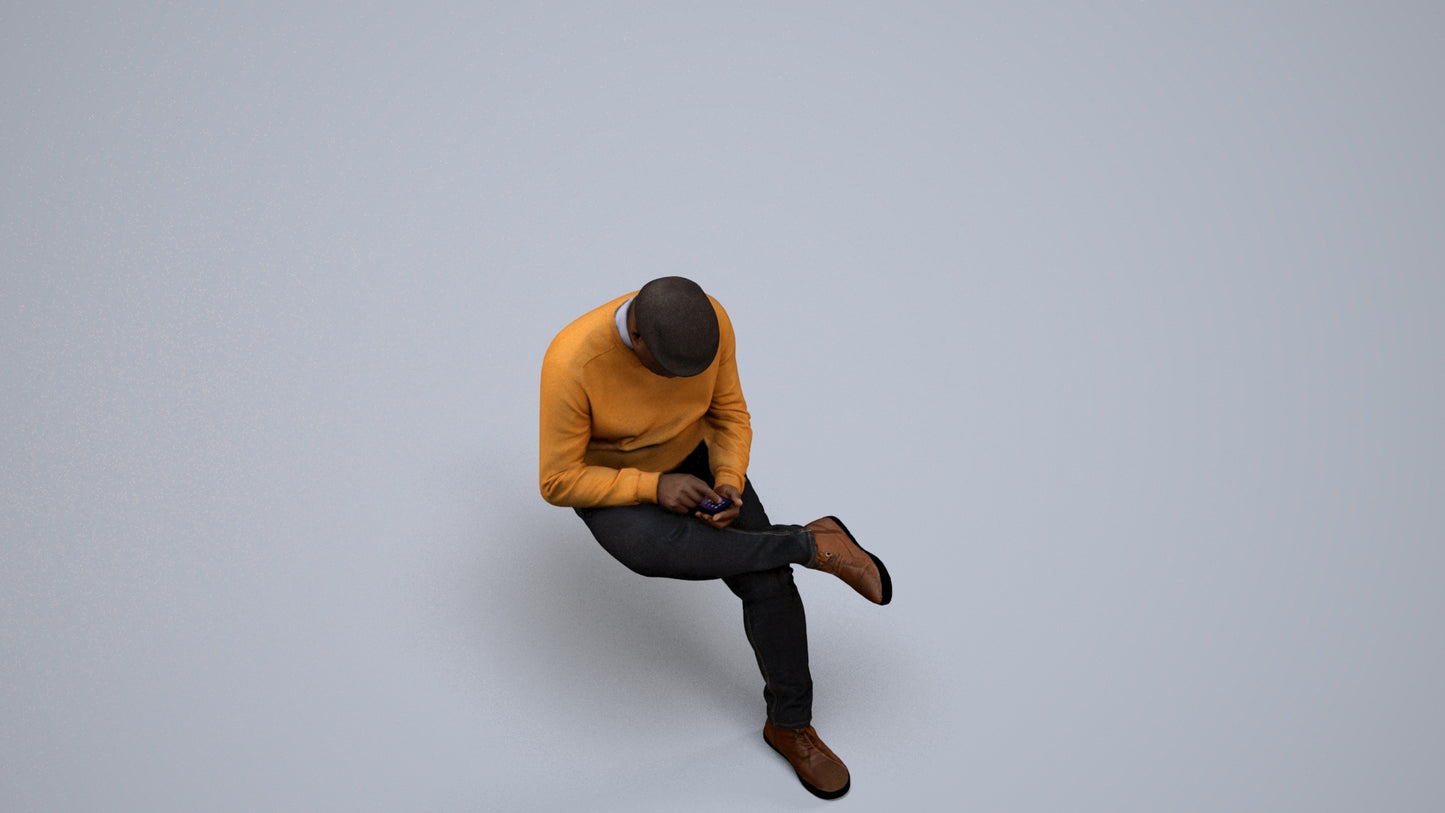realistic 3D human man casual sitting, archviz people FBX OBJ for Blender, back view render