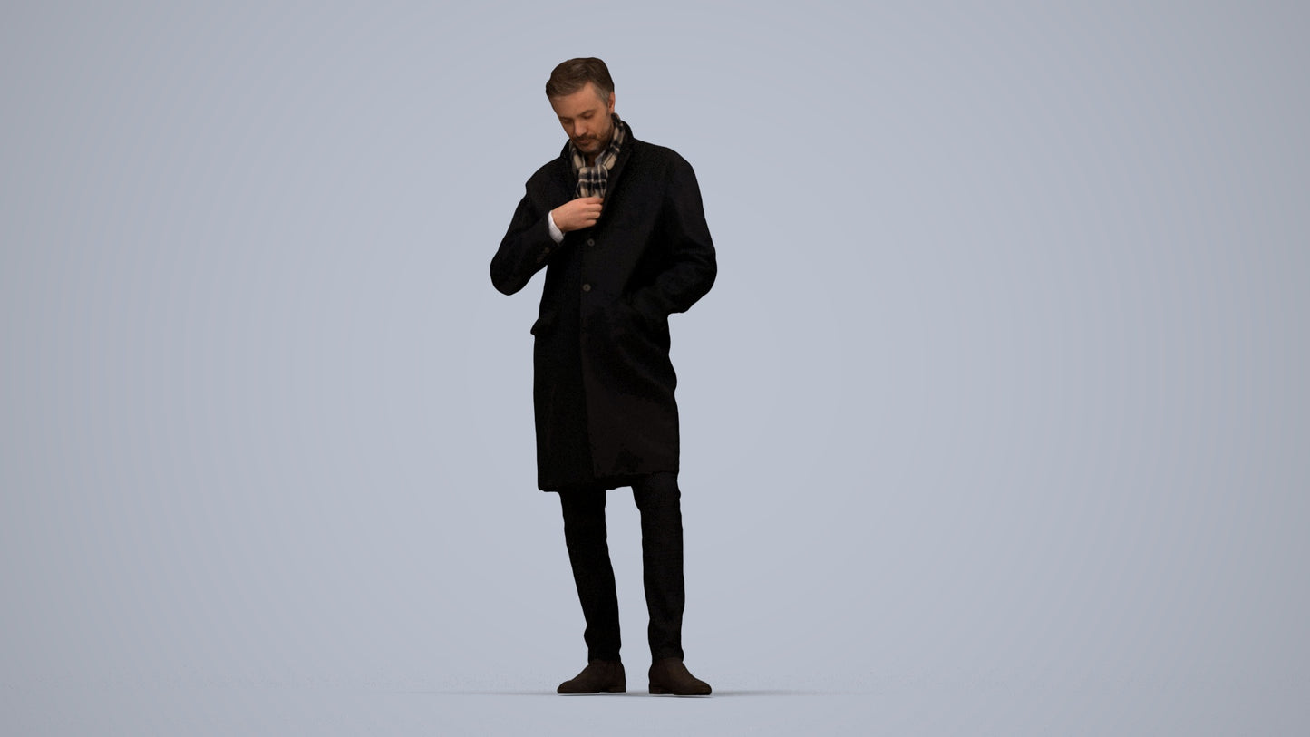 3D human model man standing, photogrammetry scanned person for archviz, top-down view render