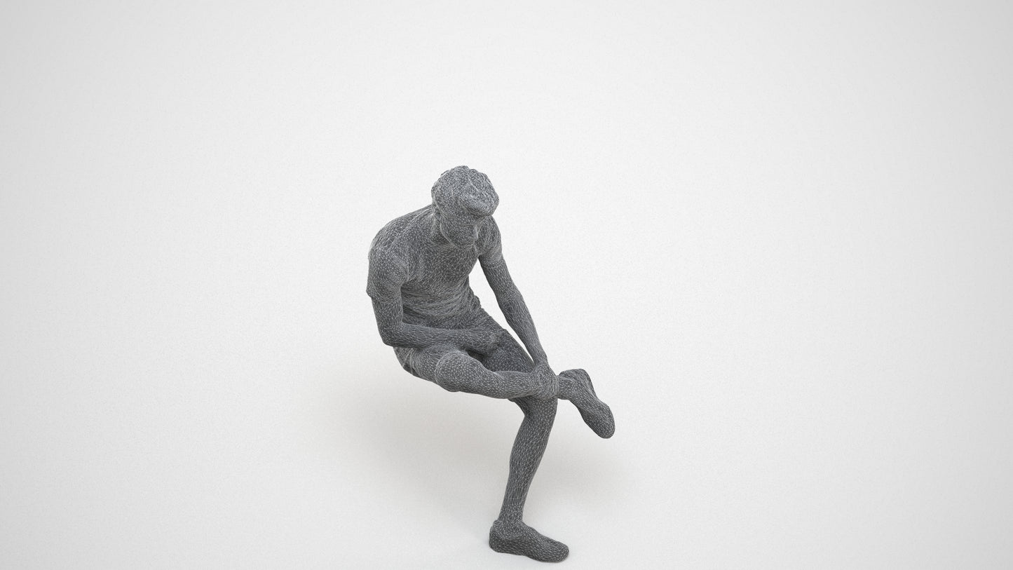 realistic 3D human man casual sitting, archviz people FBX OBJ for Blender, wireframe three-quarter view