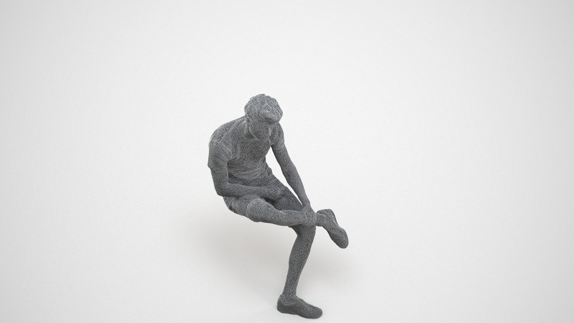 realistic 3D human man casual sitting, archviz people FBX OBJ for Blender, wireframe three-quarter view
