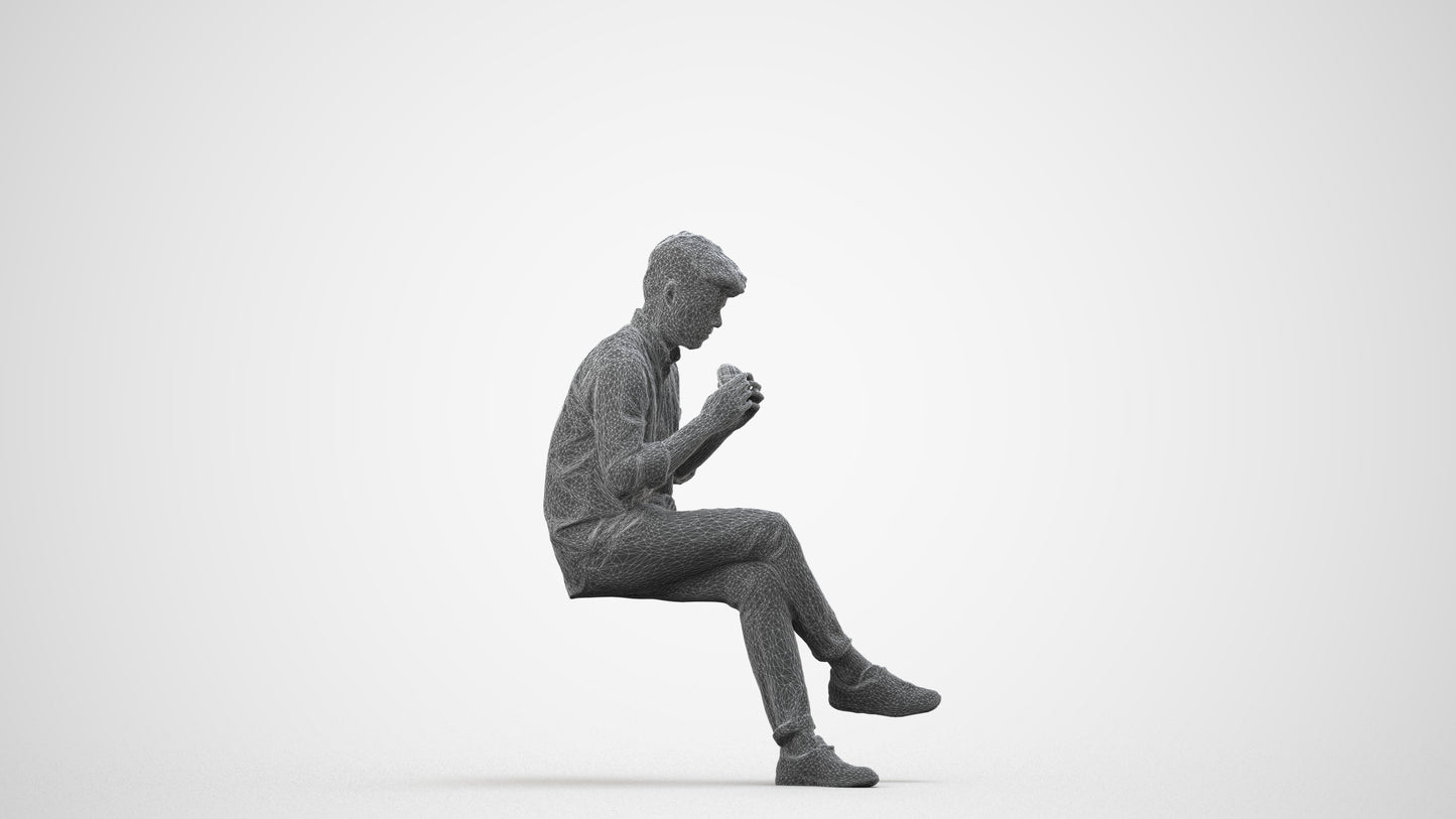 realistic 3D human man casual sitting, archviz people FBX OBJ for Blender, wireframe side view