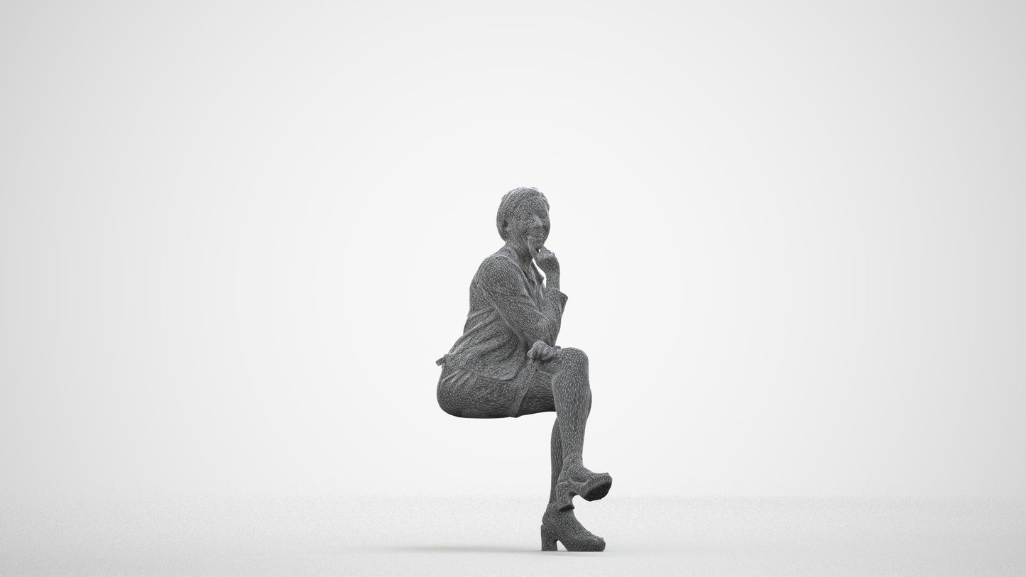 3D scanned woman sitting casual, photorealistic archviz people for Enscape and SketchUp, wireframe side view