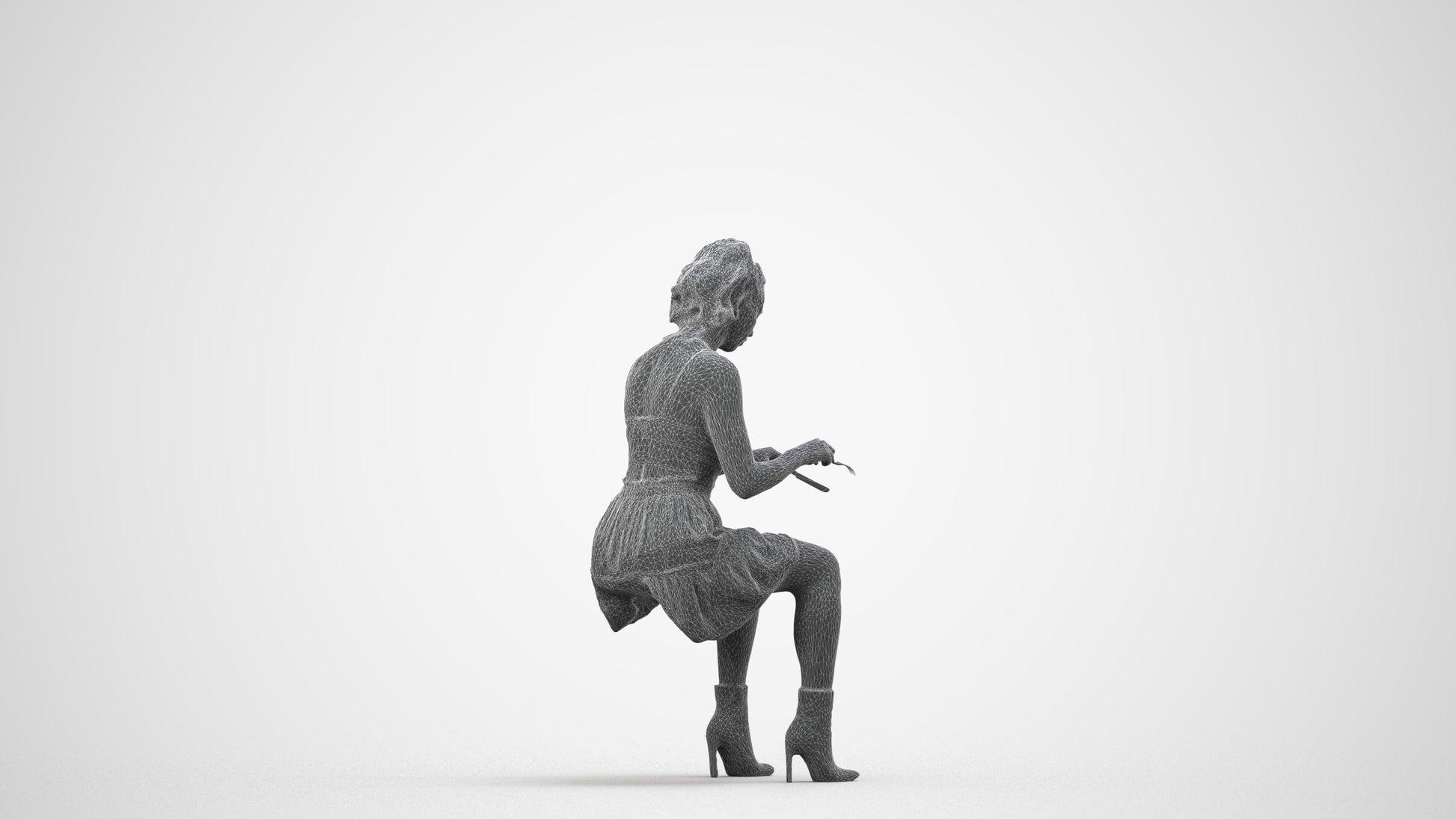 3D people model woman casual sitting, scanned human for 3ds Max rendering, wireframe side view