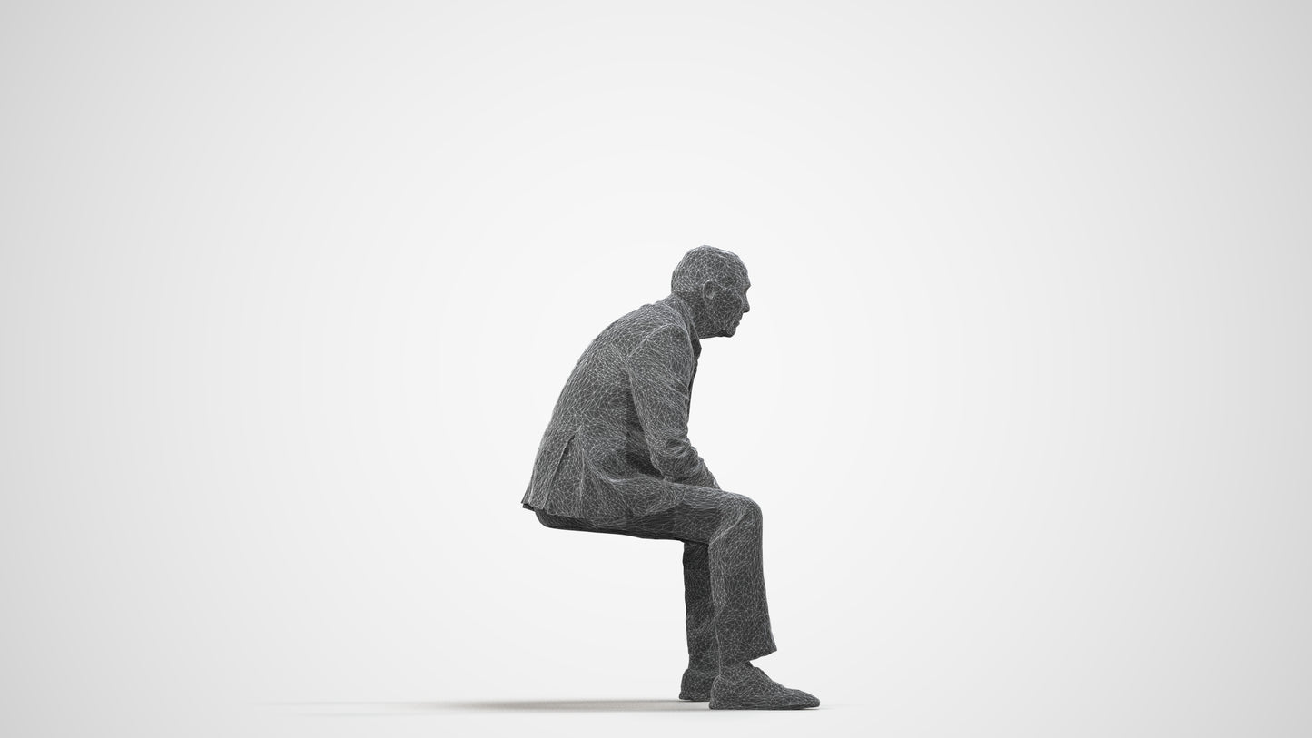 3D human model senior man business sitting, photogrammetry scanned person for archviz, wireframe side view