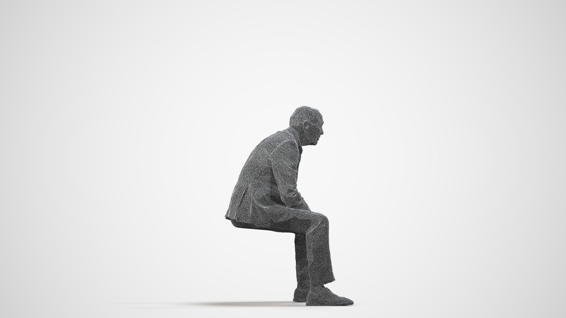 3D human model senior man business sitting, photogrammetry scanned person for archviz, wireframe side view