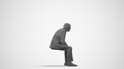 3D human model senior man business sitting, photogrammetry scanned person for archviz, wireframe side view