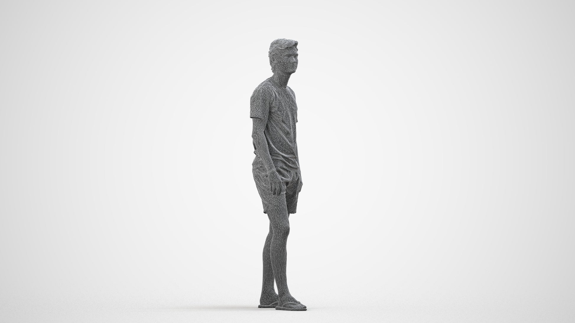 3D human model man casual standing, photogrammetry scanned person for archviz, wireframe side view