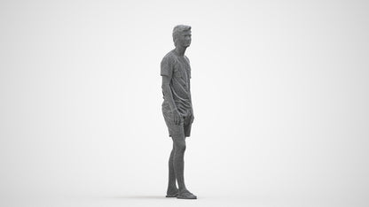 3D human model man casual standing, photogrammetry scanned person for archviz, wireframe side view