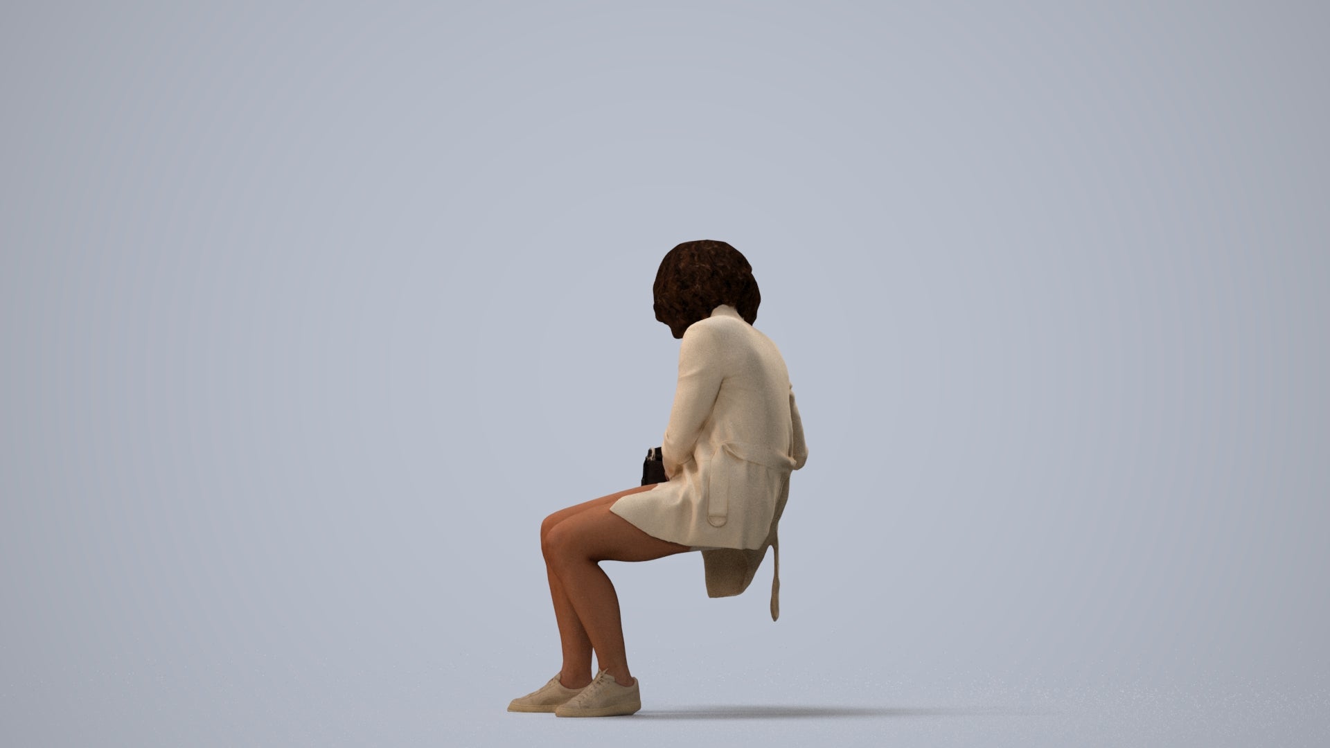 3D people model woman business sitting, scanned human for 3ds Max rendering, three-quarter view render