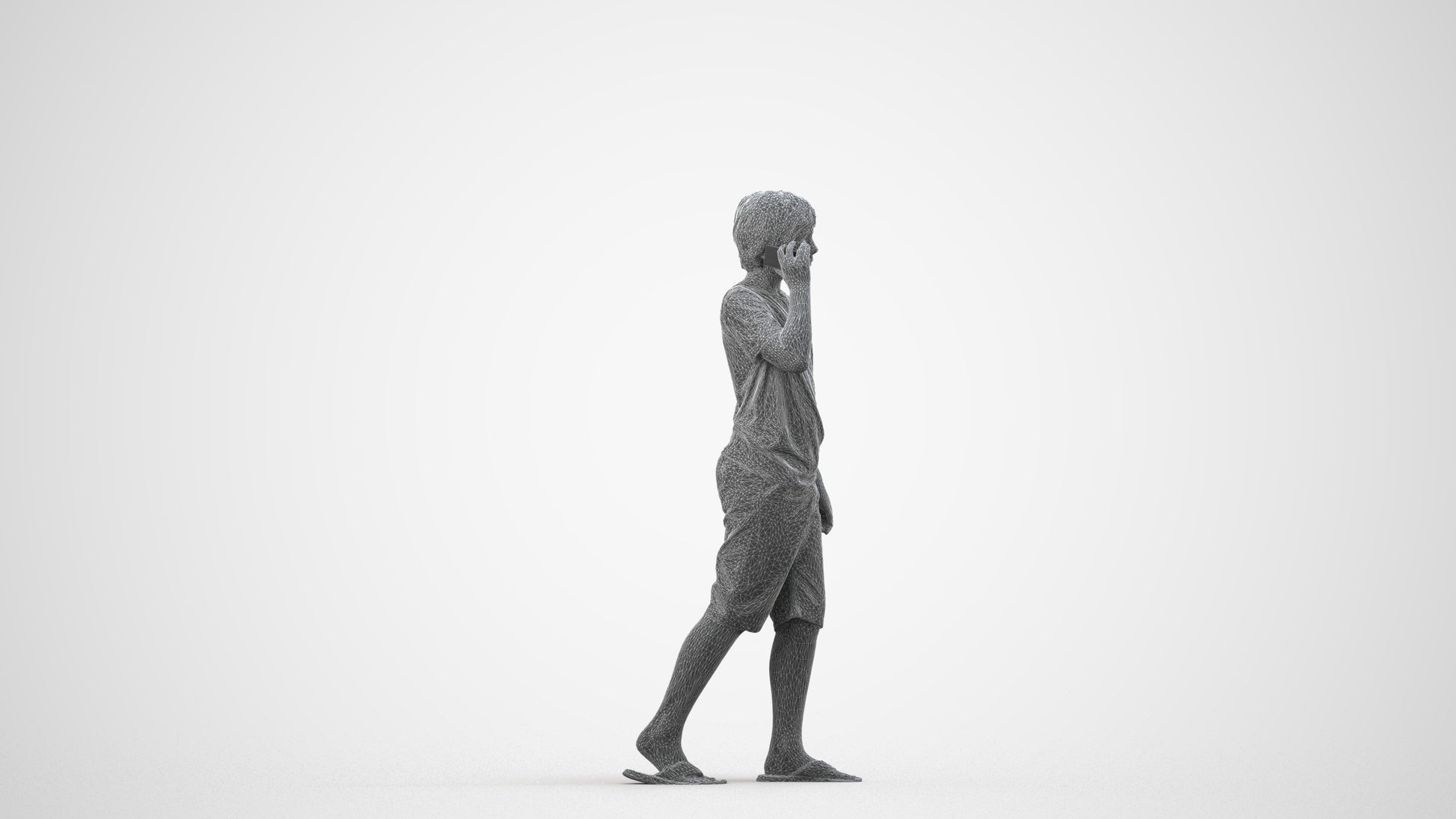 3D human model boy casual kids, photogrammetry scanned person for archviz, wireframe side view