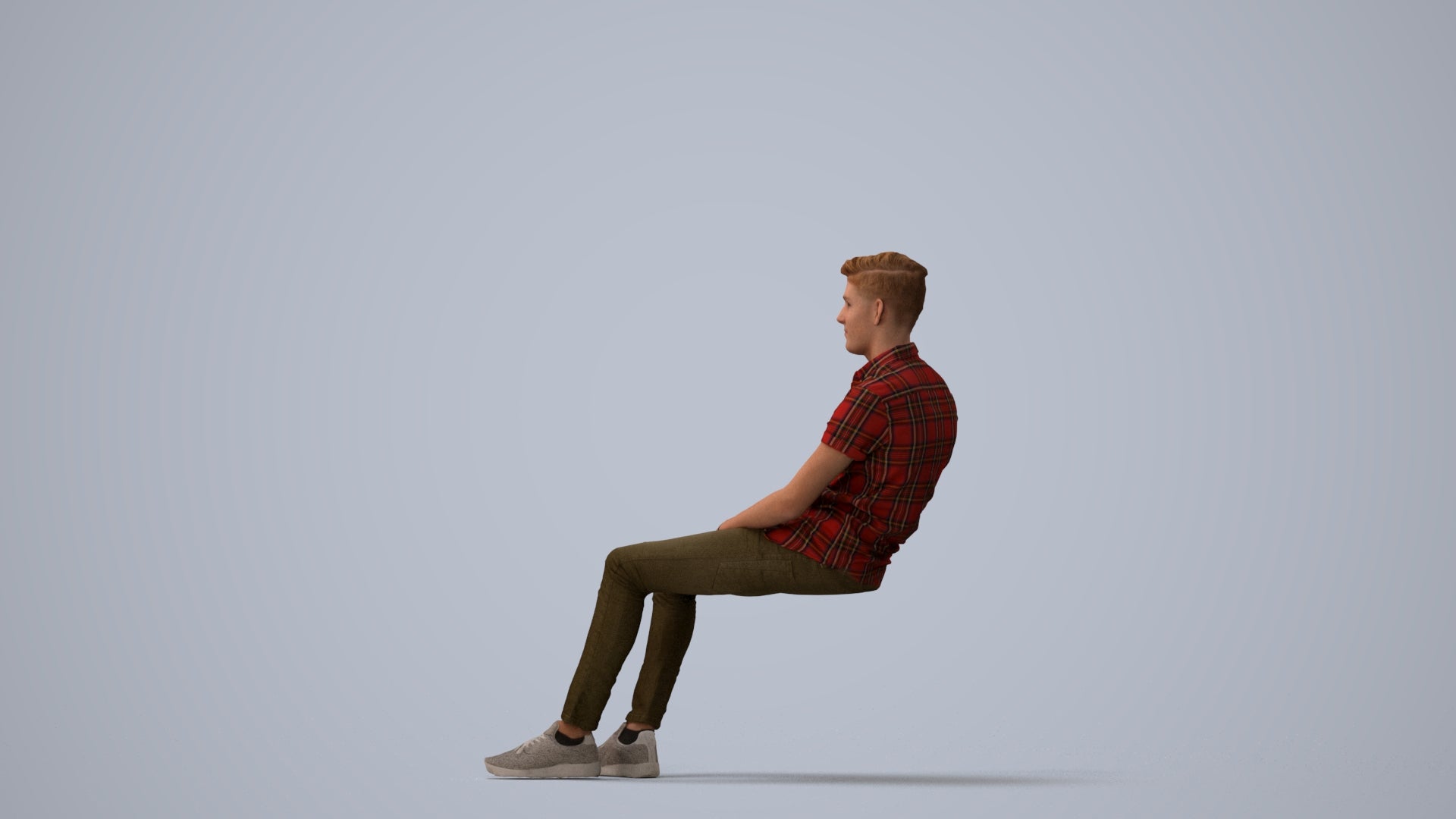 3D scanned man sitting casual, photorealistic archviz people for Enscape and SketchUp, three-quarter view render