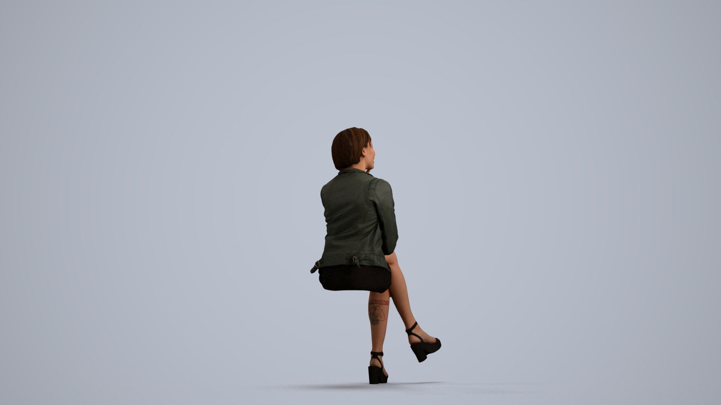 3D human model woman casual sitting, photogrammetry scanned person for archviz, front view render