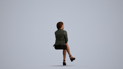 3D human model woman casual sitting, photogrammetry scanned person for archviz, front view render