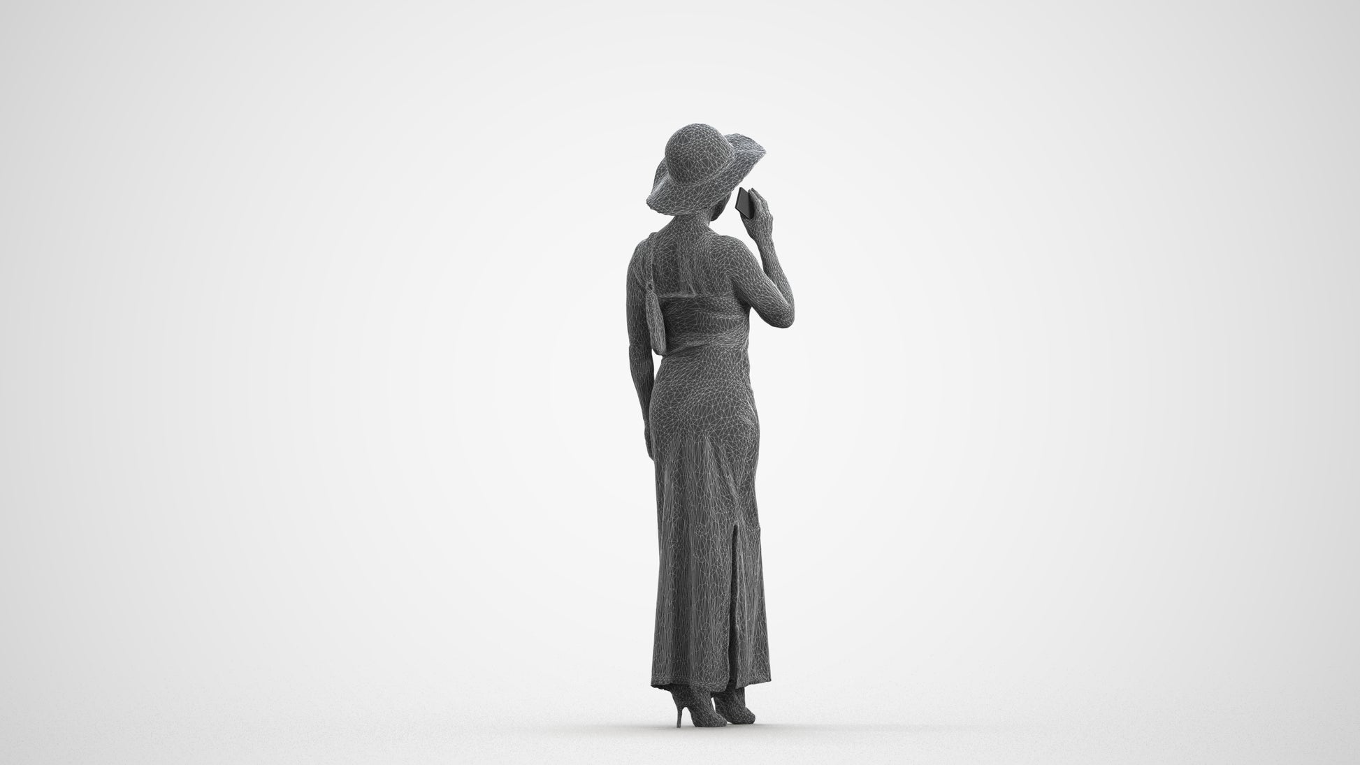 3D human model woman casual standing, photogrammetry scanned person for archviz, wireframe front view