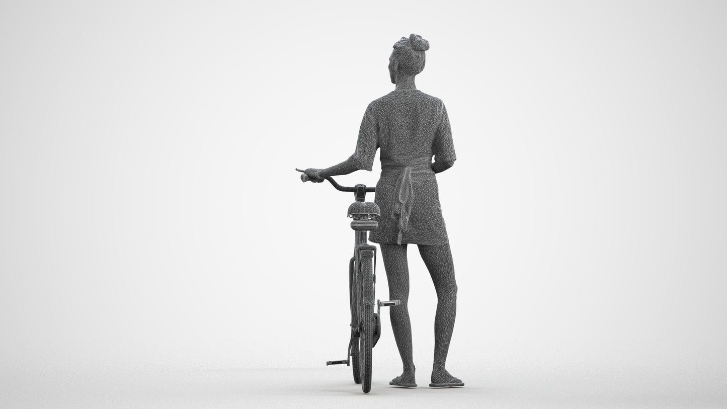 scanned 3D woman casual cycling, photogrammetry people for Enscape and V-Ray, wireframe front view