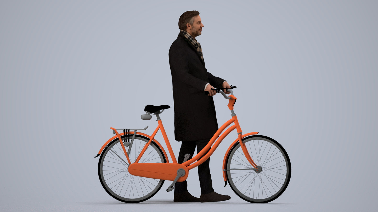 photogrammetry 3D man cycling, realistic human model archviz FBX, side view render