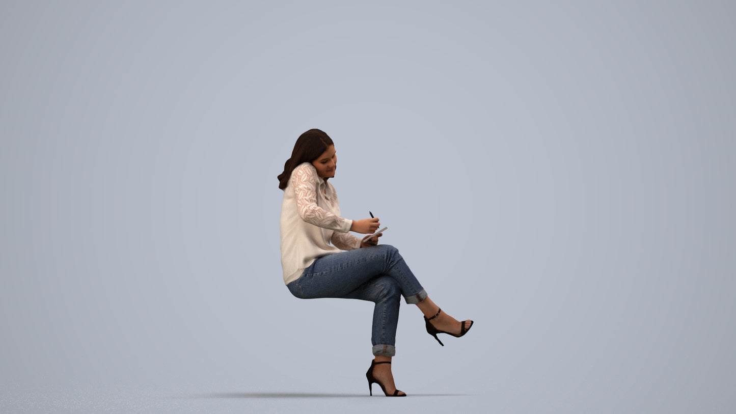 realistic 3D human woman casual sitting, archviz people FBX OBJ for Blender, side view render