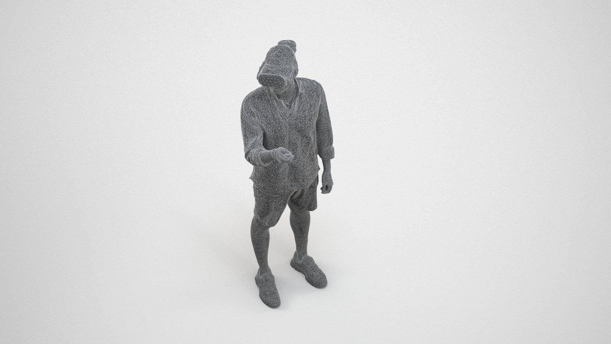 realistic 3D human man casual standing, archviz people FBX OBJ for Blender, wireframe three-quarter view