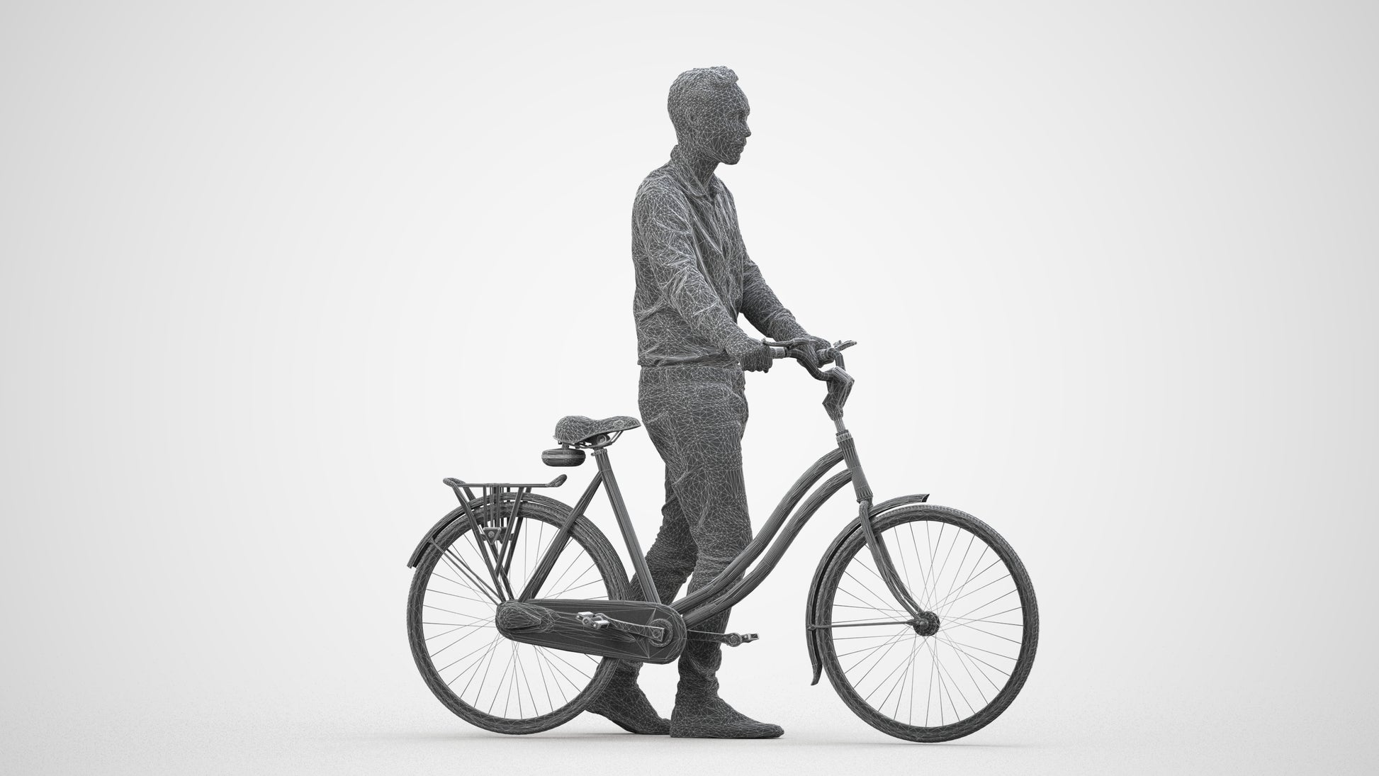scanned 3D man casual cycling, photogrammetry people for Enscape and V-Ray, wireframe side view