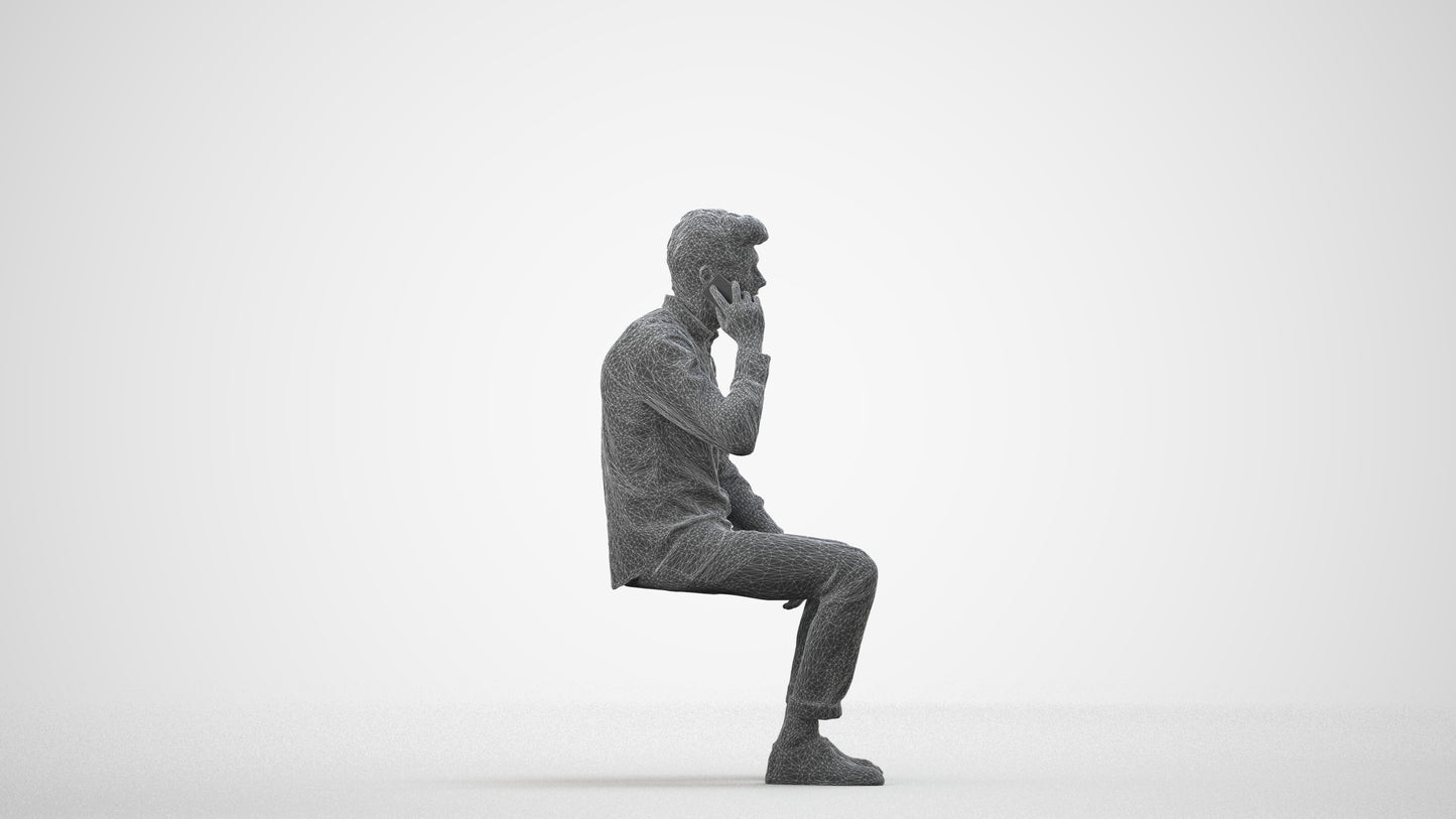 3D people model man casual sitting, scanned human for 3ds Max rendering, wireframe side view