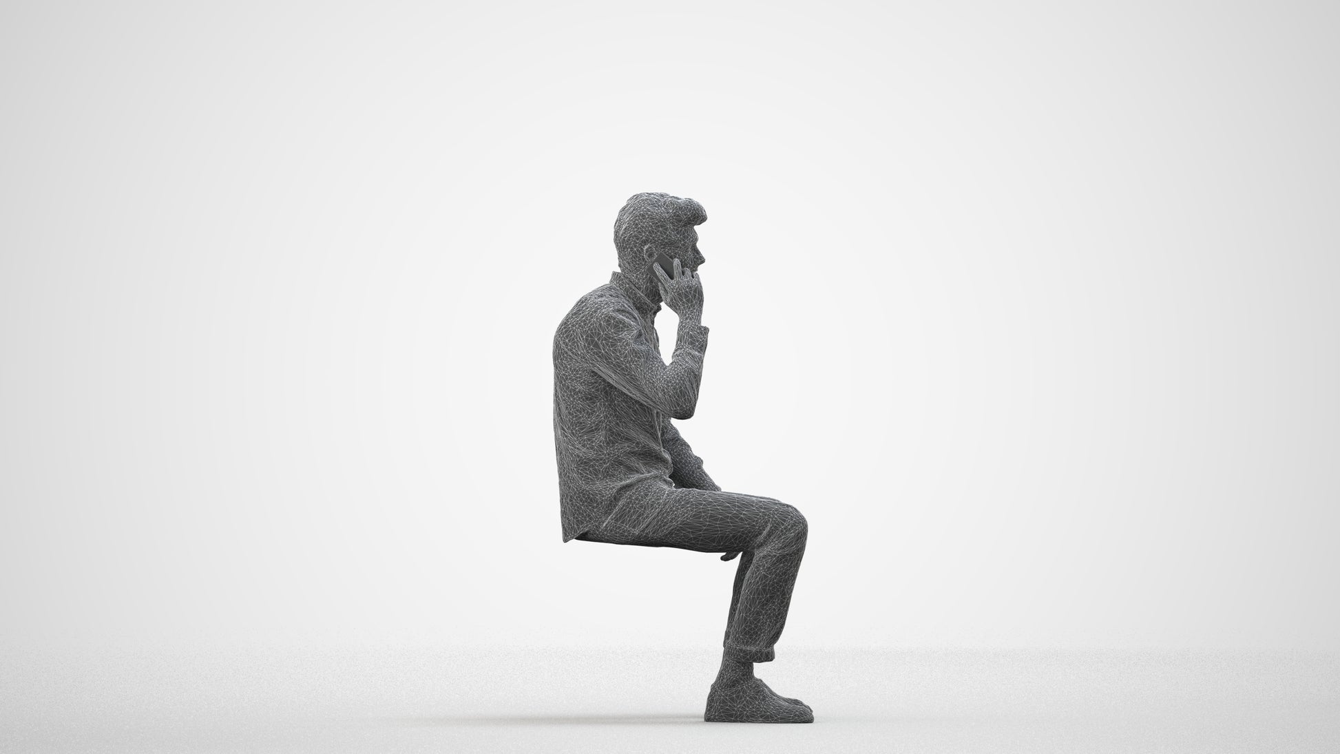 3D people model man casual sitting, scanned human for 3ds Max rendering, wireframe side view