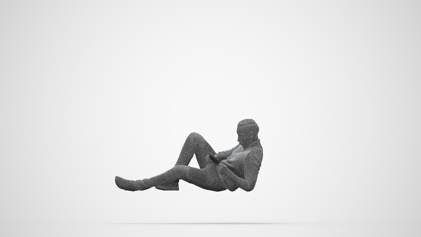 3D scanned man sitting casual, photorealistic archviz people for Enscape and SketchUp, wireframe back view