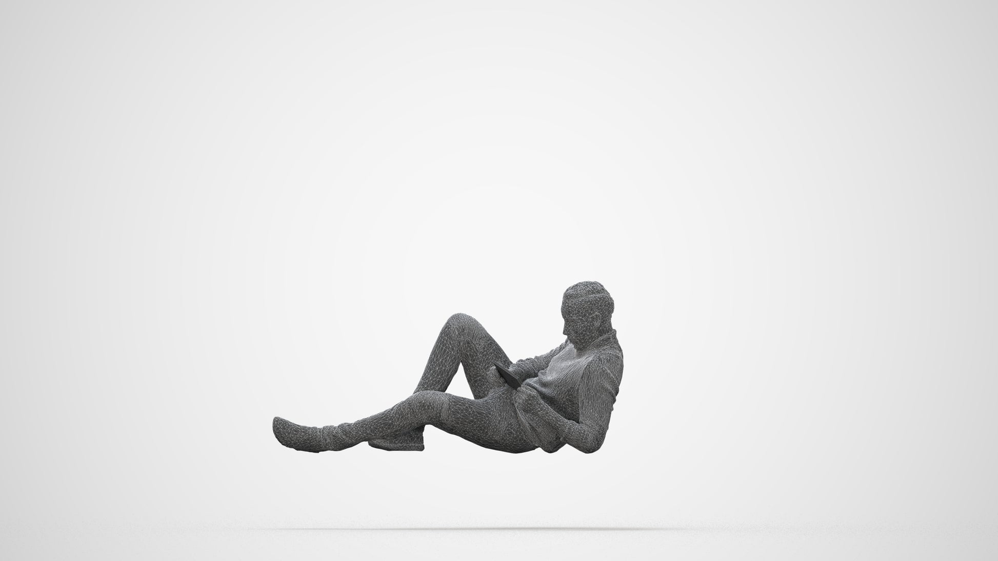 3D scanned man sitting casual, photorealistic archviz people for Enscape and SketchUp, wireframe back view