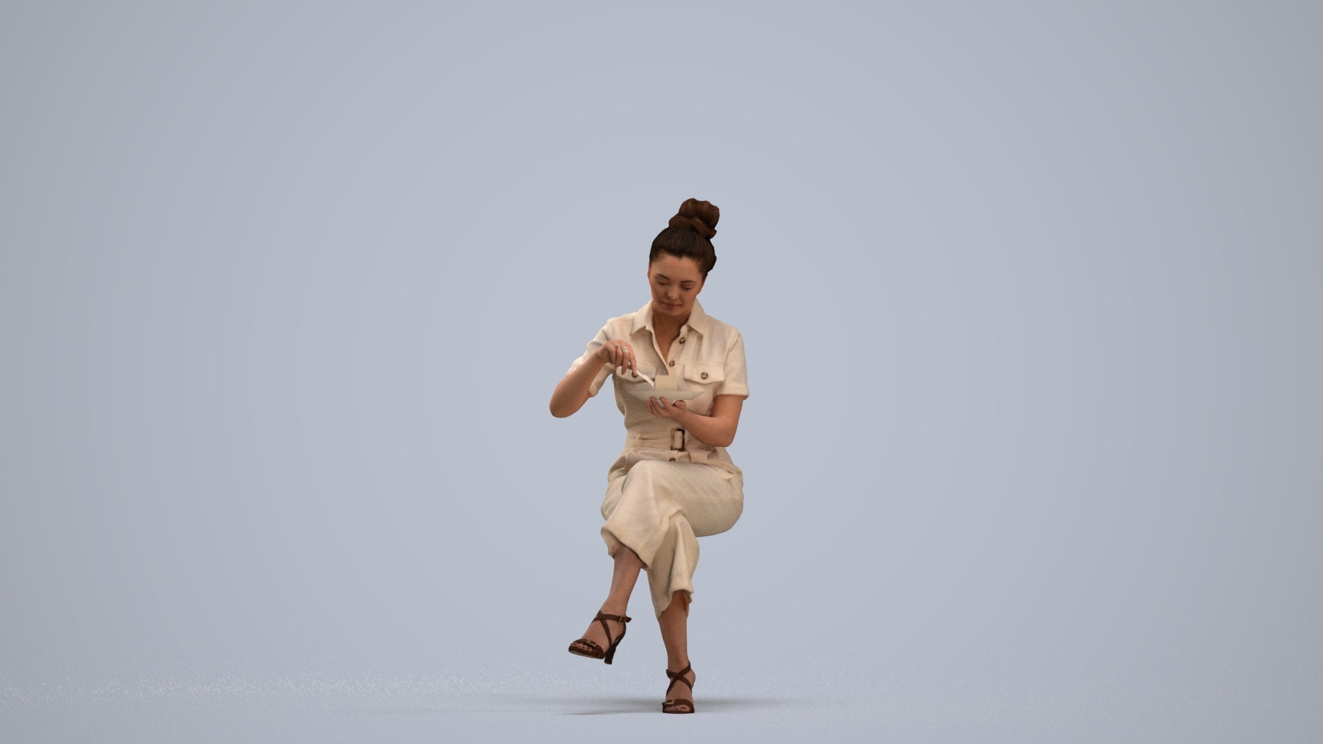 photogrammetry 3D woman formal sitting, realistic human model archviz FBX, standing pose render