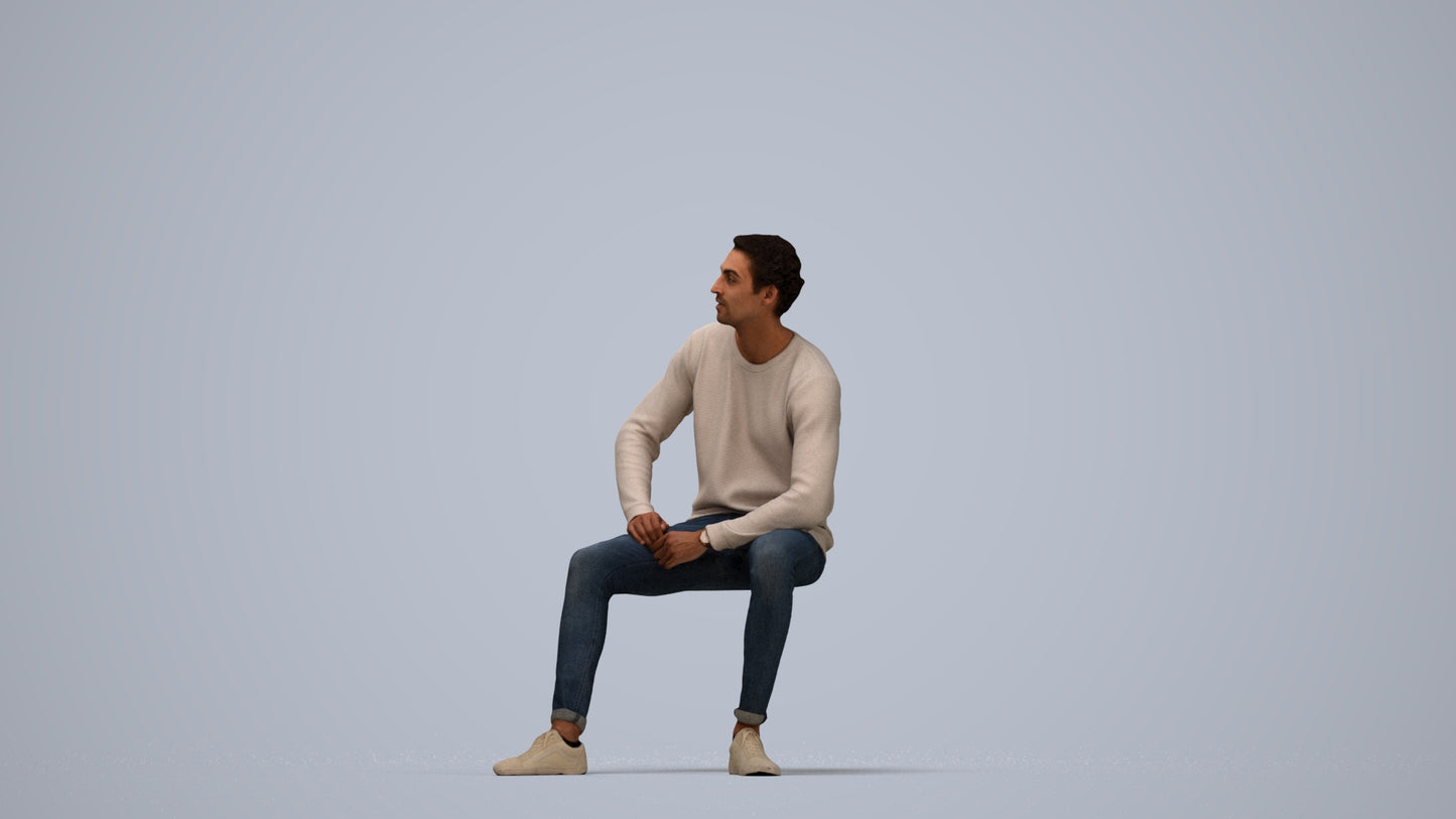scanned 3D man casual sitting, photogrammetry people for Enscape and V-Ray, side view render