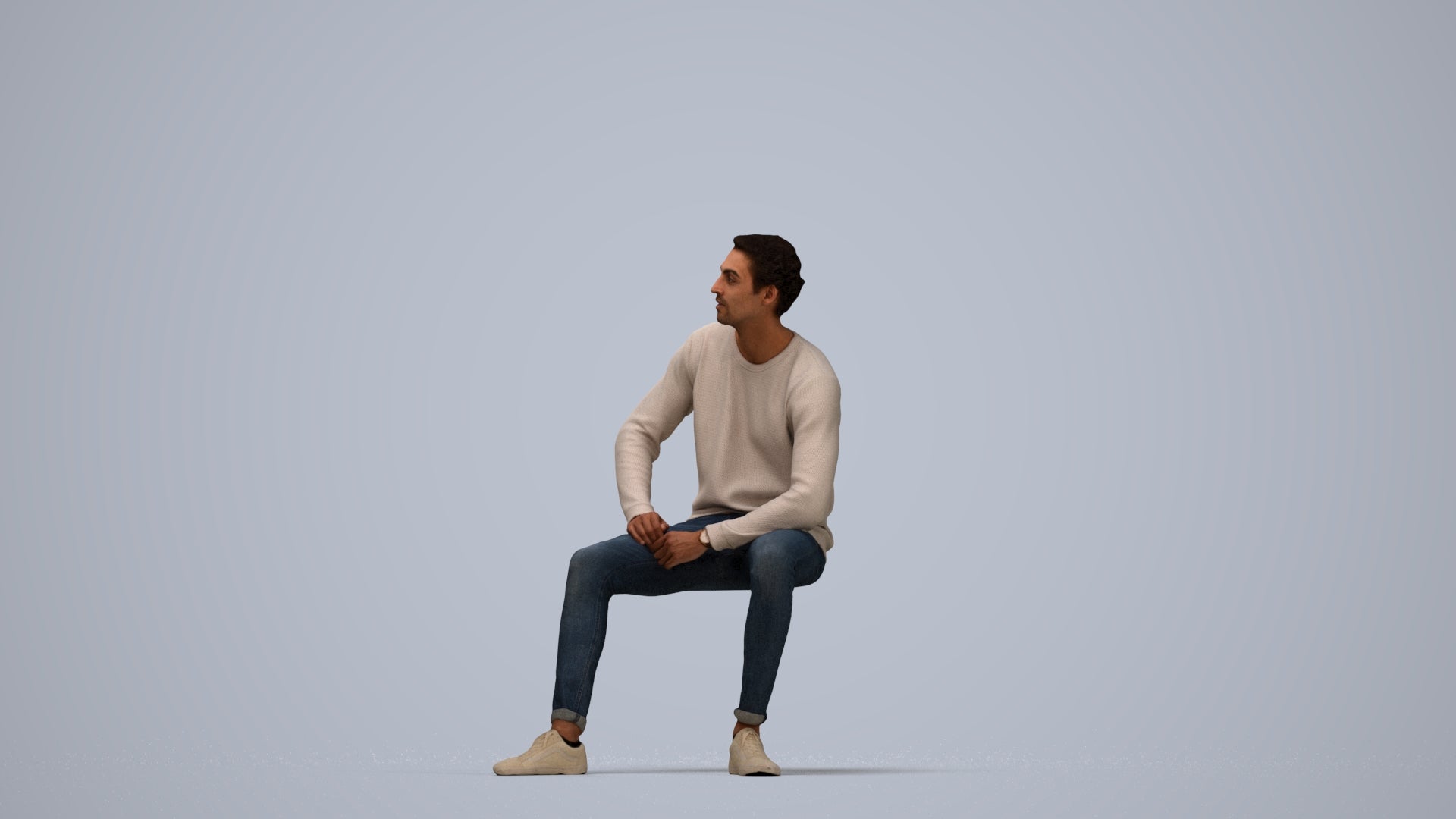 scanned 3D man casual sitting, photogrammetry people for Enscape and V-Ray, side view render