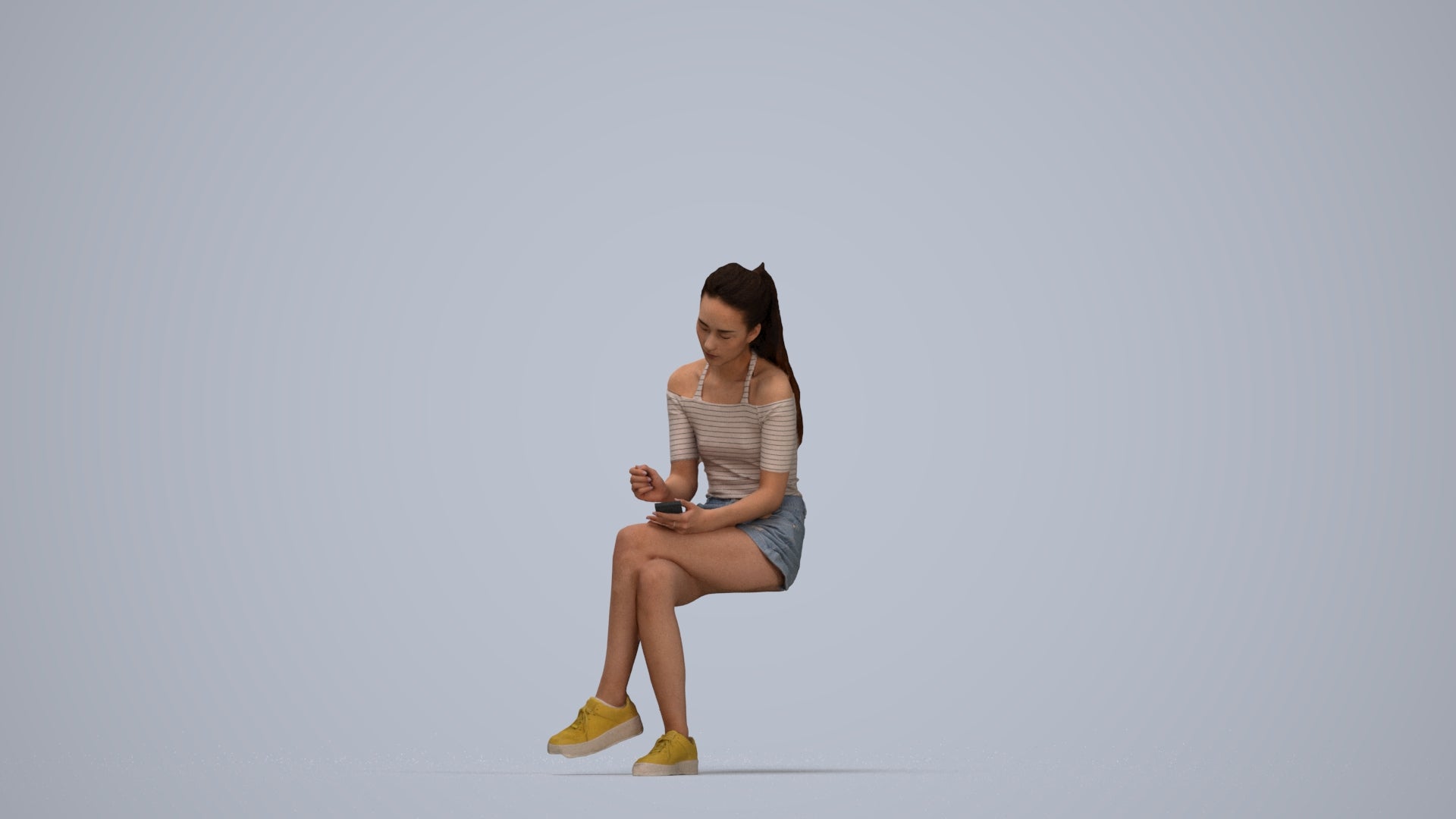 realistic 3D people woman casual sitting, render-ready for V-Ray and Corona, FBX OBJ, top-down view render