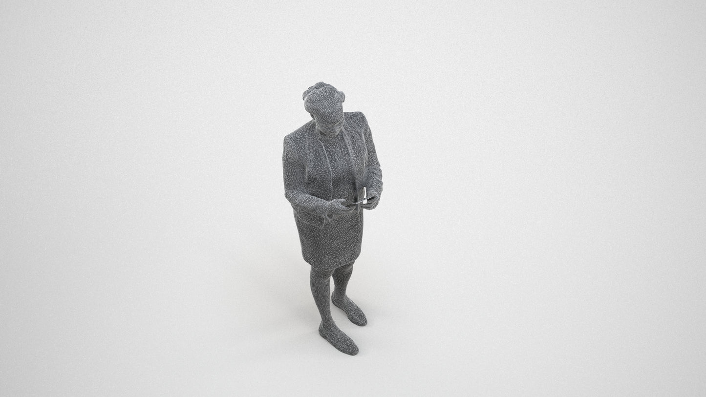 3D human model woman business standing, photogrammetry scanned person for archviz, wireframe three-quarter view