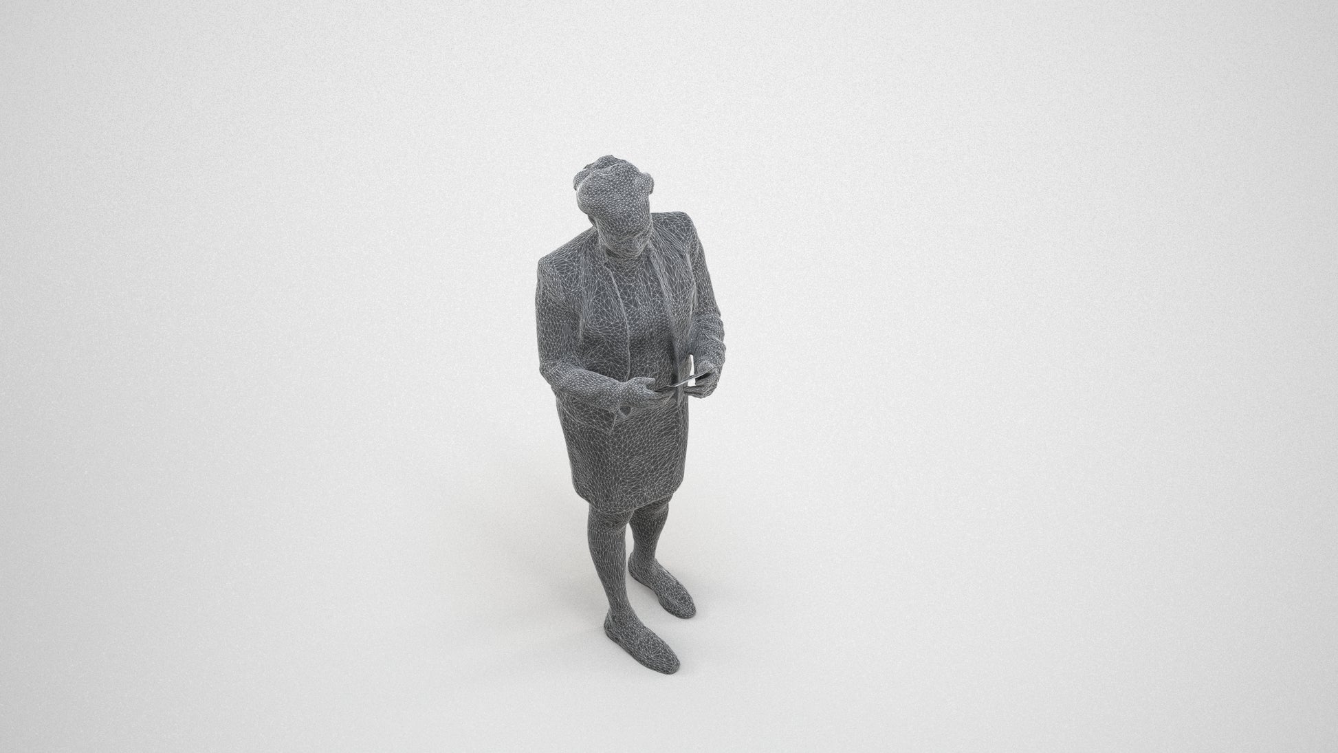 3D human model woman business standing, photogrammetry scanned person for archviz, wireframe three-quarter view