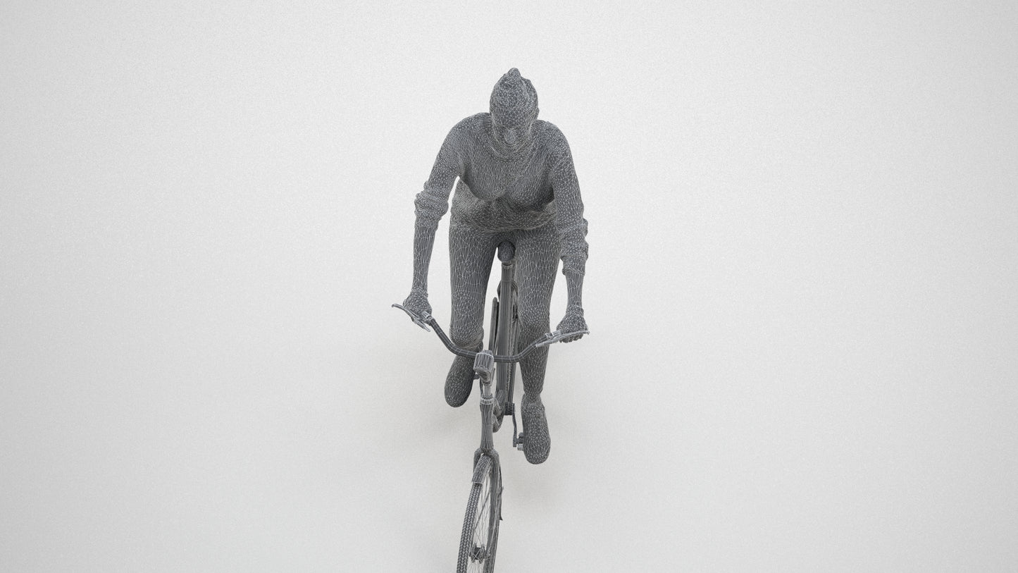scanned 3D woman casual cycling, photogrammetry people for Enscape and V-Ray, wireframe three-quarter view