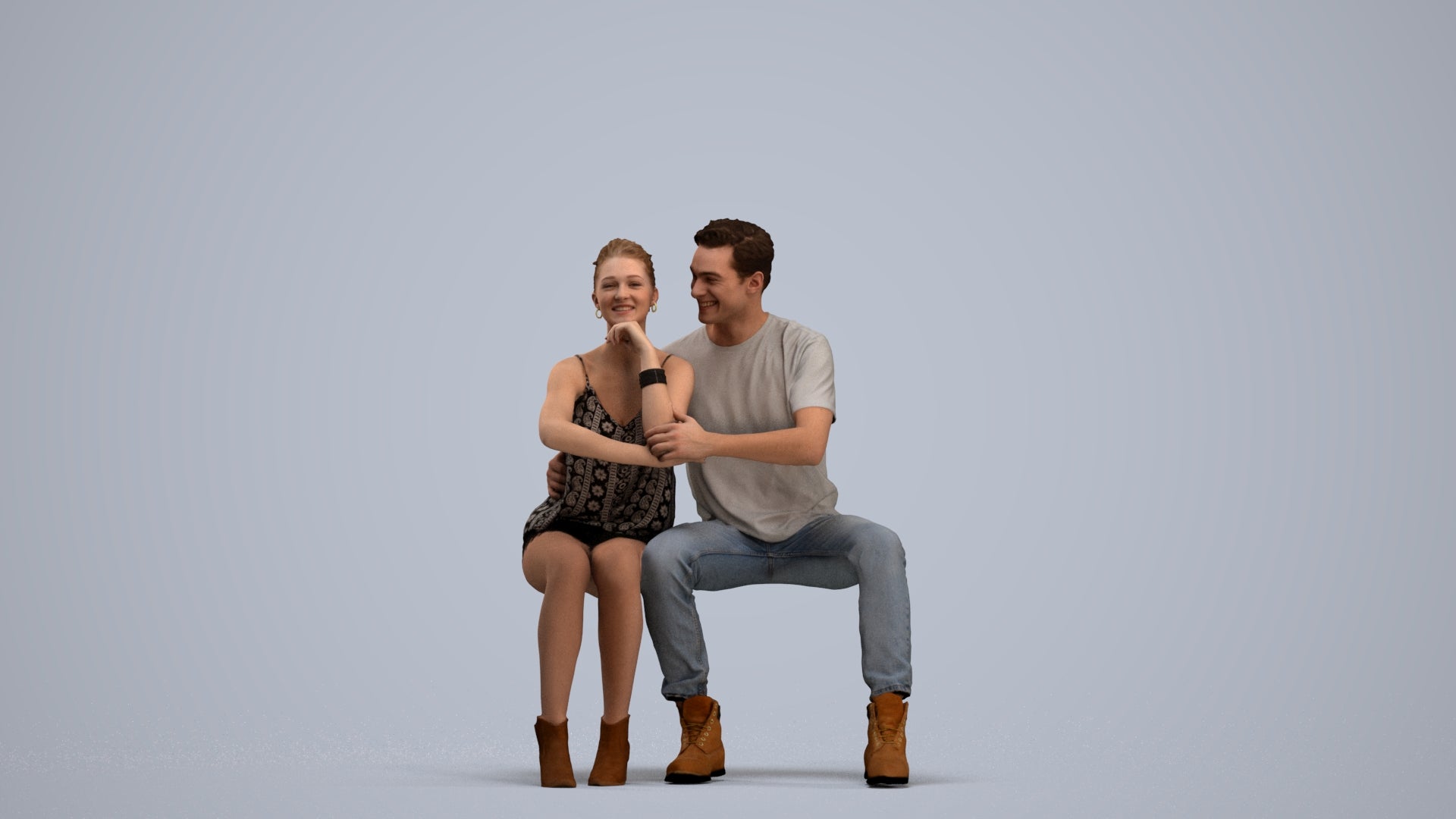 3D human model woman casual couple, photogrammetry scanned person for archviz, standing pose render