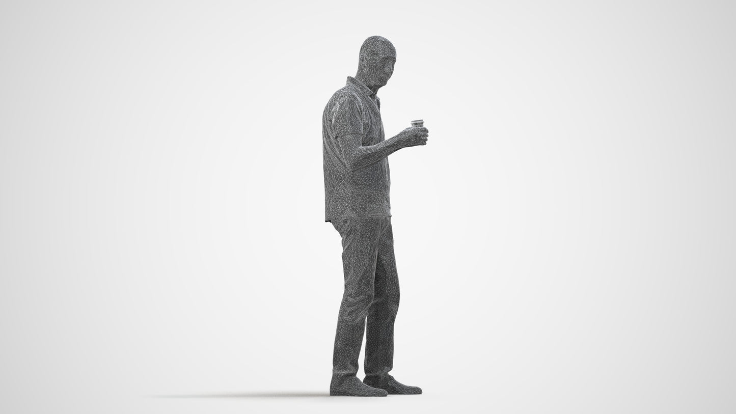 3D scanned senior man standing casual, photorealistic archviz people for Enscape and SketchUp, wireframe side view