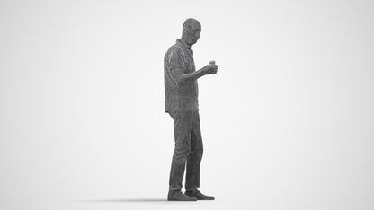 3D scanned senior man standing casual, photorealistic archviz people for Enscape and SketchUp, wireframe side view