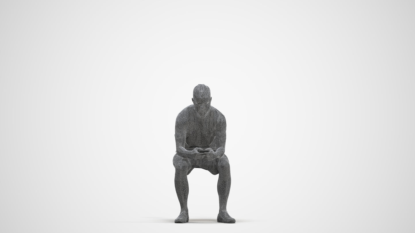 realistic 3D human man casual sitting, archviz people FBX OBJ for Blender, three-quarter front view render