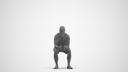 realistic 3D human man casual sitting, archviz people FBX OBJ for Blender, three-quarter front view render