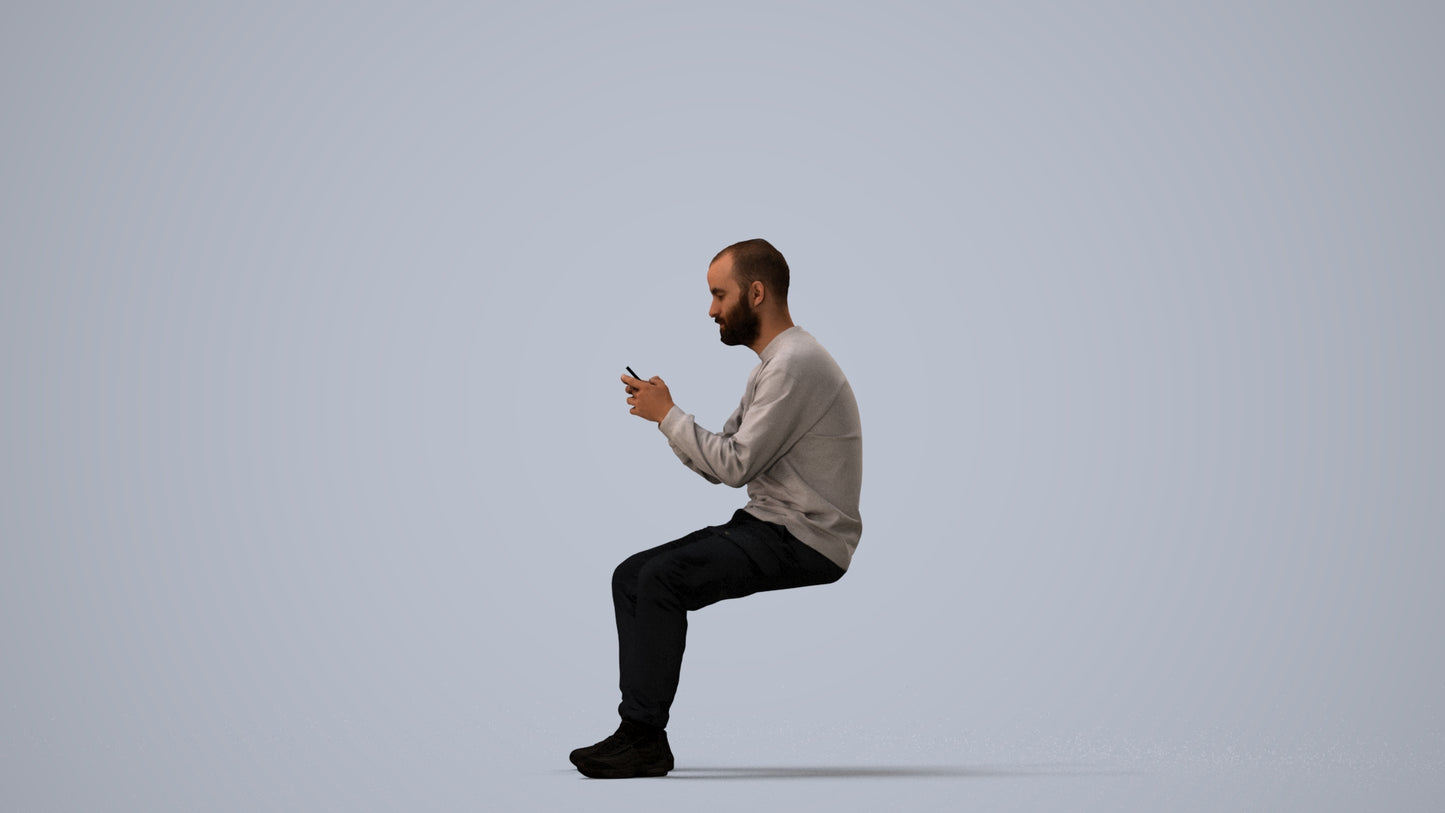 3D human model man casual sitting, photogrammetry scanned person for archviz, three-quarter view render