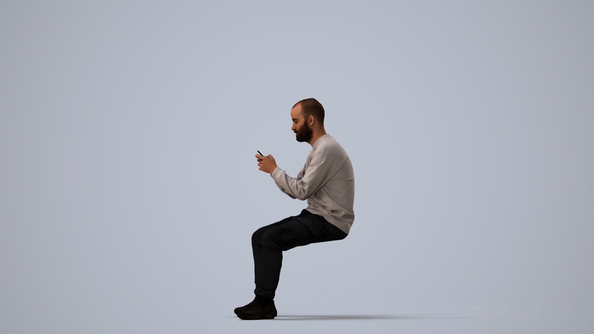 3D human model man casual sitting, photogrammetry scanned person for archviz, three-quarter view render