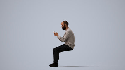 3D human model man casual sitting, photogrammetry scanned person for archviz, three-quarter view render