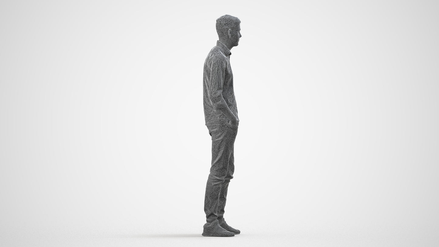 scanned 3D man casual standing, photogrammetry people for Enscape and V-Ray, wireframe side view