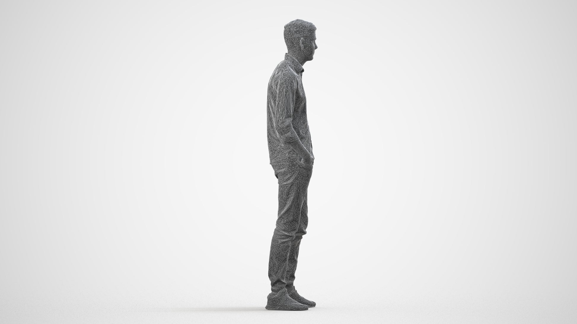 scanned 3D man casual standing, photogrammetry people for Enscape and V-Ray, wireframe side view