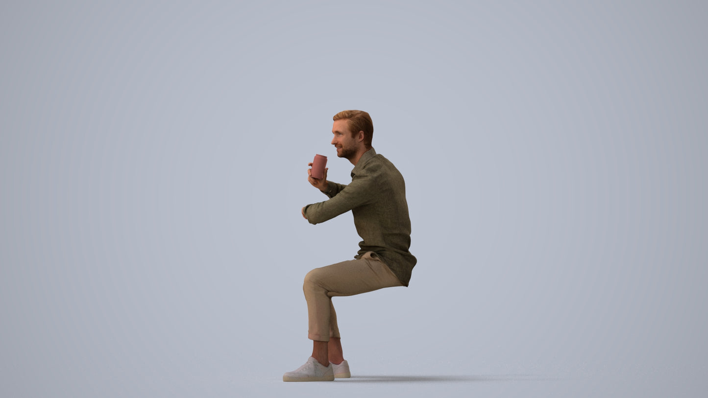 realistic 3D human man casual sitting, archviz people FBX OBJ for Blender, three-quarter view render