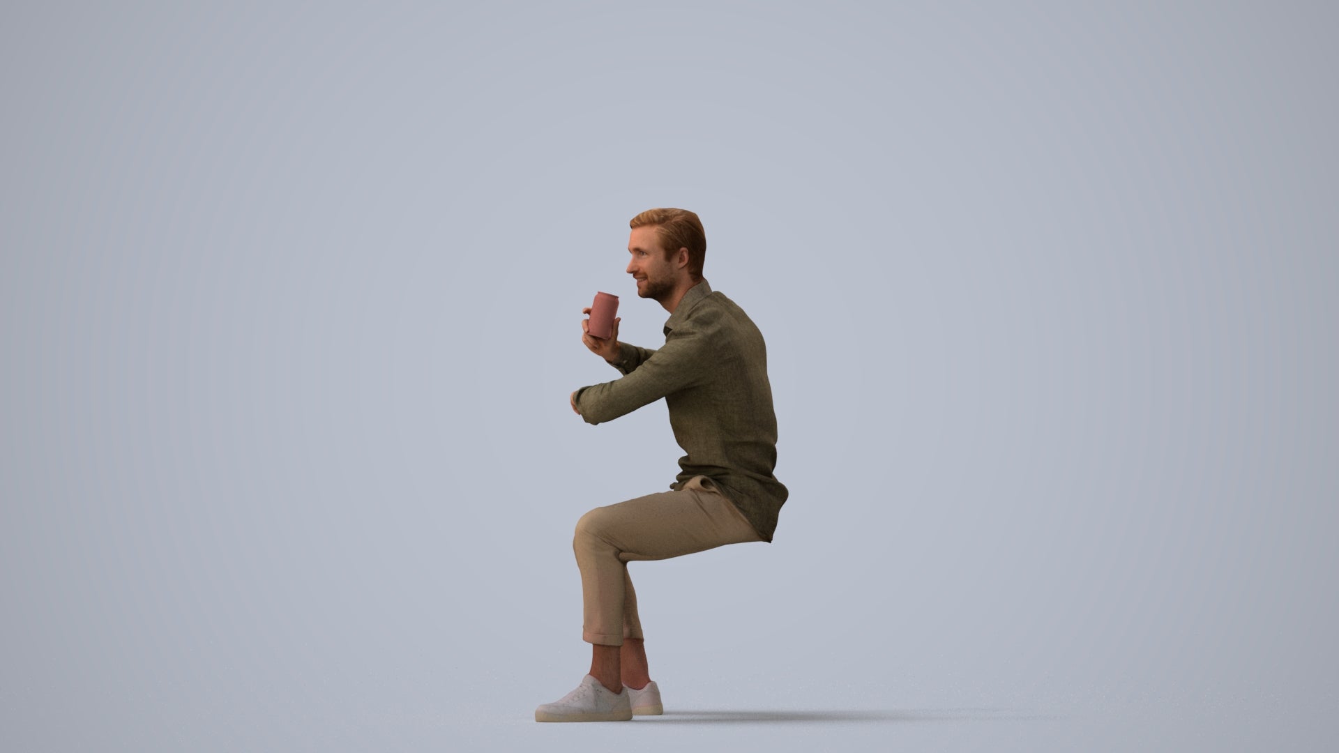 realistic 3D human man casual sitting, archviz people FBX OBJ for Blender, three-quarter view render