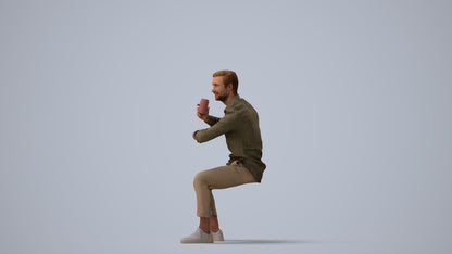 realistic 3D human man casual sitting, archviz people FBX OBJ for Blender, three-quarter view render