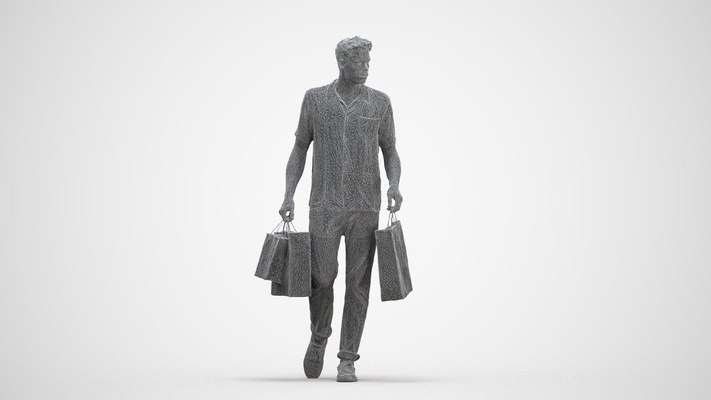 3D human model man casual shopping, photogrammetry scanned person for archviz, three-quarter front view render
